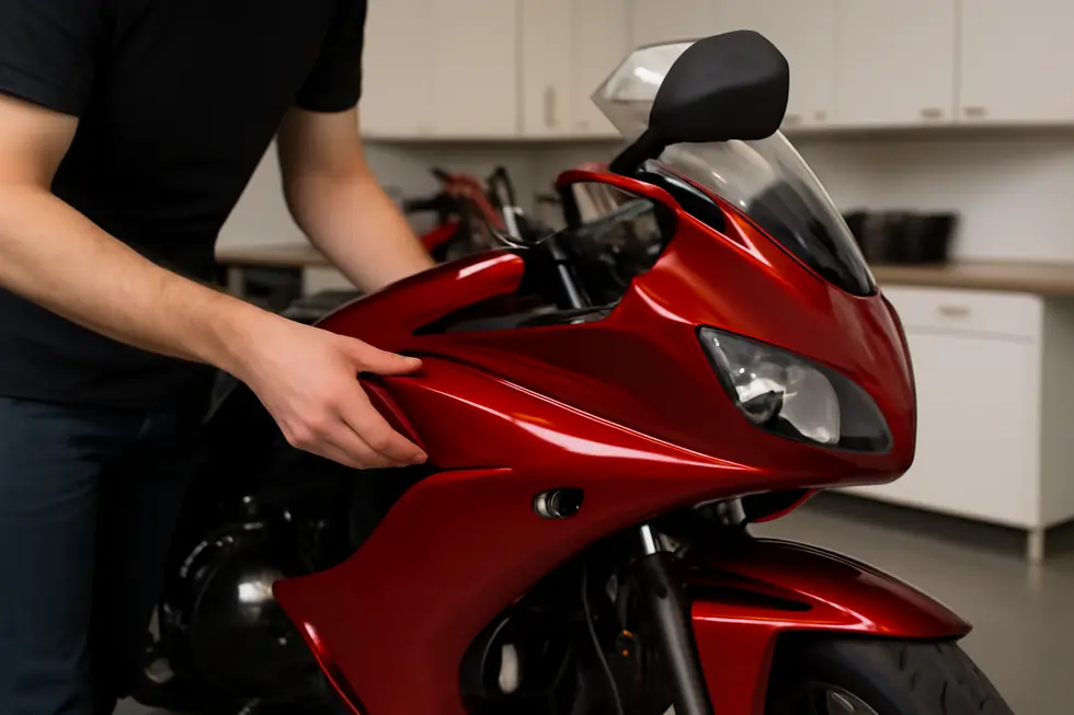 Removing and thoroughly cleaning the motorcycle fairing before wrapping ensures optimal adhesion and a professional finish.