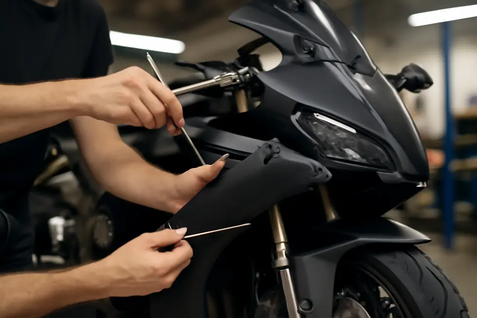 A mechanic meticulously unscrews bolts and detaches clips to remove old motorcycle fairings without causing damage.