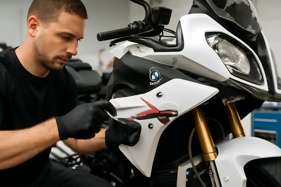 Technician cautiously removes motorcycle fairing bolts to prepare for repair without causing further damage.