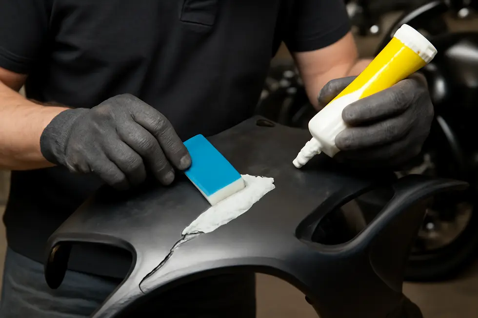 Technician preparing and cleaning a cracked motorcycle fairing to ensure a strong repair foundation.