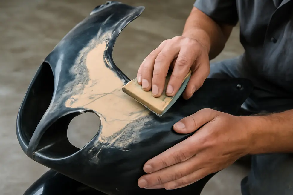 A workshop scene highlighting the preparation stage of motorcycle fairings painting, emphasizing hands-on customization opportunities for businesses.