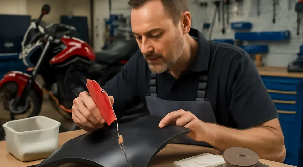Expert repair of a plastic motorcycle fairing using plastic welding and fiberglass techniques in a professional workshop.