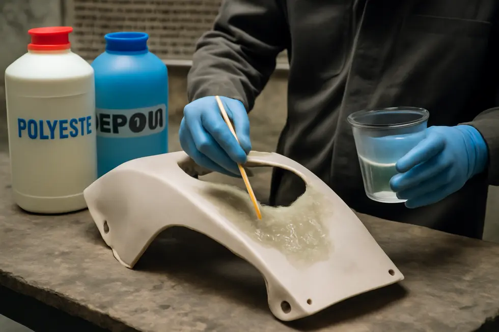 Precise cleaning and sanding of a motorcycle fairing ready the surface for effective fiberglass repair.