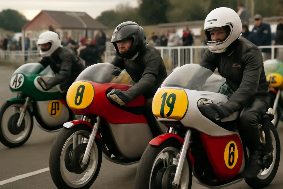 Technicians fitting authentic 1970s-style race fairings in a specialist UK workshop.