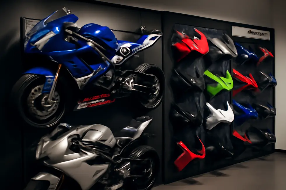 A vivid display of motorcycle fairing options showcasing variety in brands, full kits, and individual panels available for business buyers.