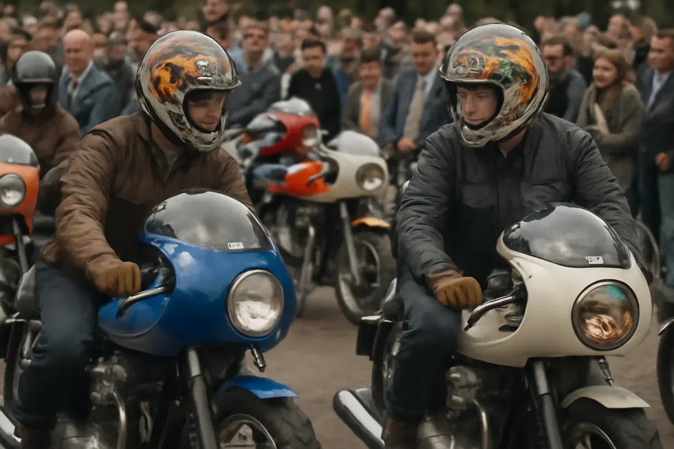 Close-up of a retro motorcycle fairing highlighting the vintage-inspired design and iconic round headlight style.