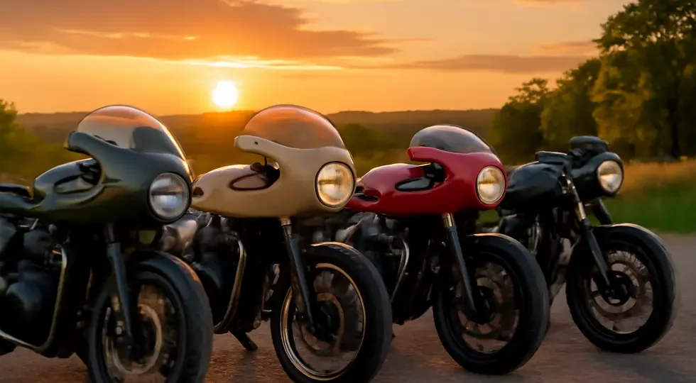 Lineup of motorcycles showcasing a variety of retro fairings under sunset light, emphasizing classic style in modern context.
