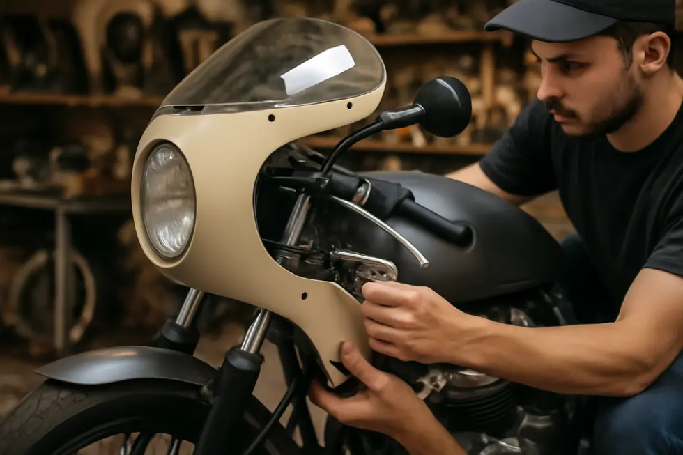 Close-up of a retro motorcycle fairing highlighting the vintage-inspired design and iconic round headlight style.