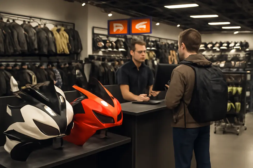 Kings Motorcycle Fairings warehouse displaying extensive OEM fitment fairing kits for multiple motorcycle brands.