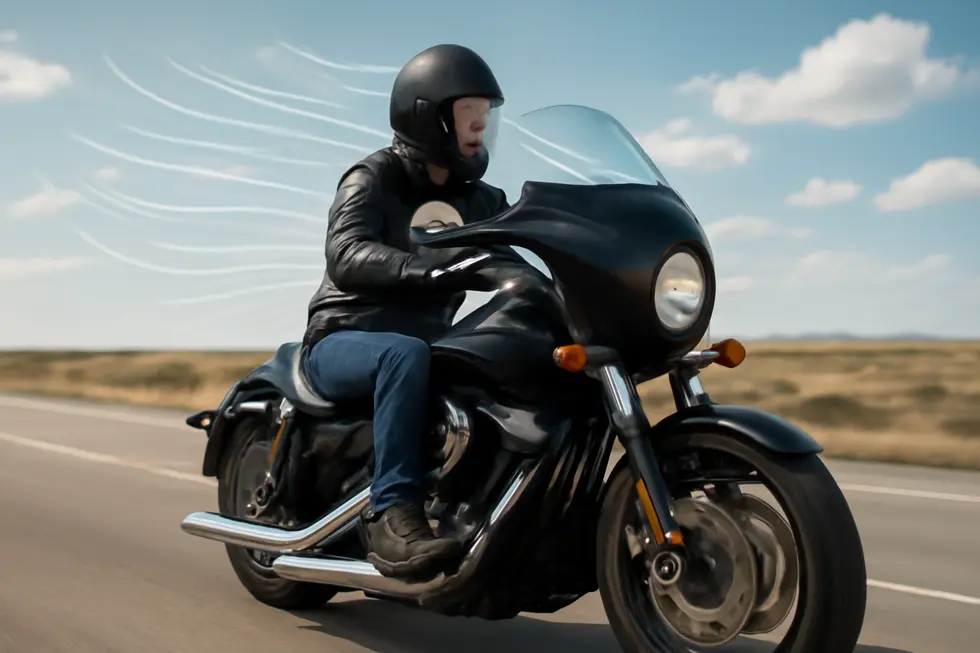 Aerodynamic contours of a classic bullet fairing optimized for wind deflection on a cruiser motorcycle.