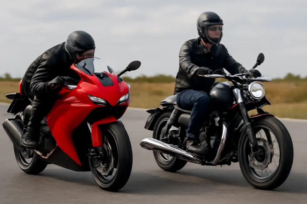Visual comparison of airflow and handling differences between fairing-equipped and no fairing motorcycles.