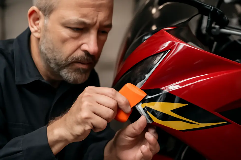Preparing motorcycle fairings by cleaning the surface before removing stickers ensures a dirt-free base and prevents scratches.