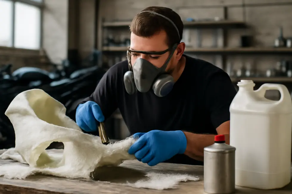 A technician carefully assesses and prepares motorcycle fairings before applying fiberglass repair.
