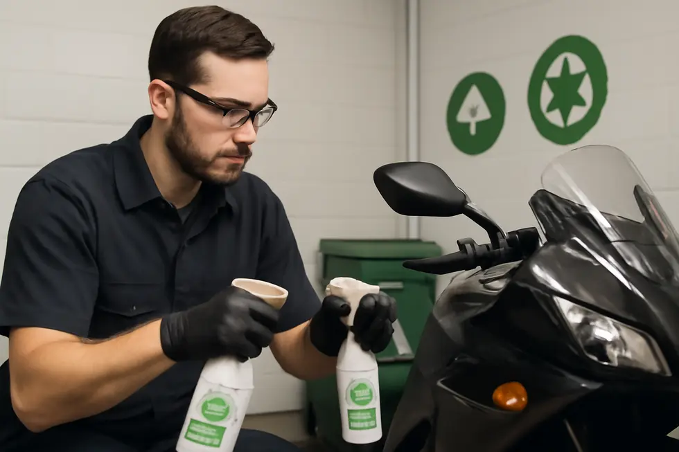 A detailed view of buggy motorcycle fairings alongside cleaning products, highlighting the challenge of bug residue removal.