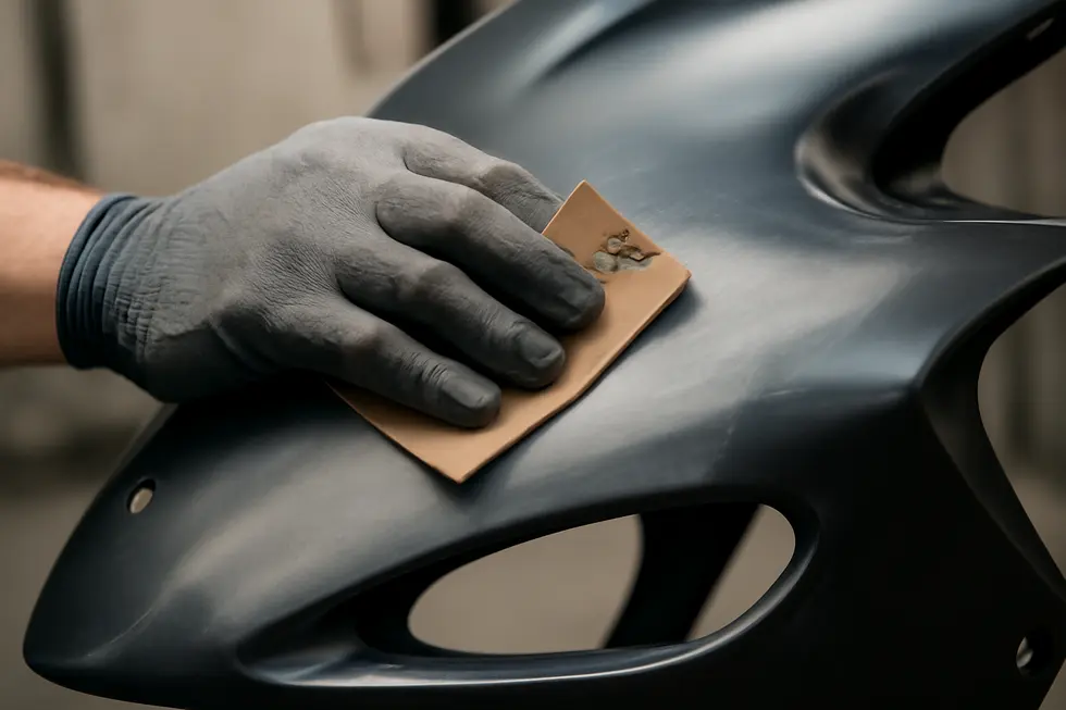A technician safely applying plastic-safe chemical paint stripper to remove paint from a motorcycle fairing.