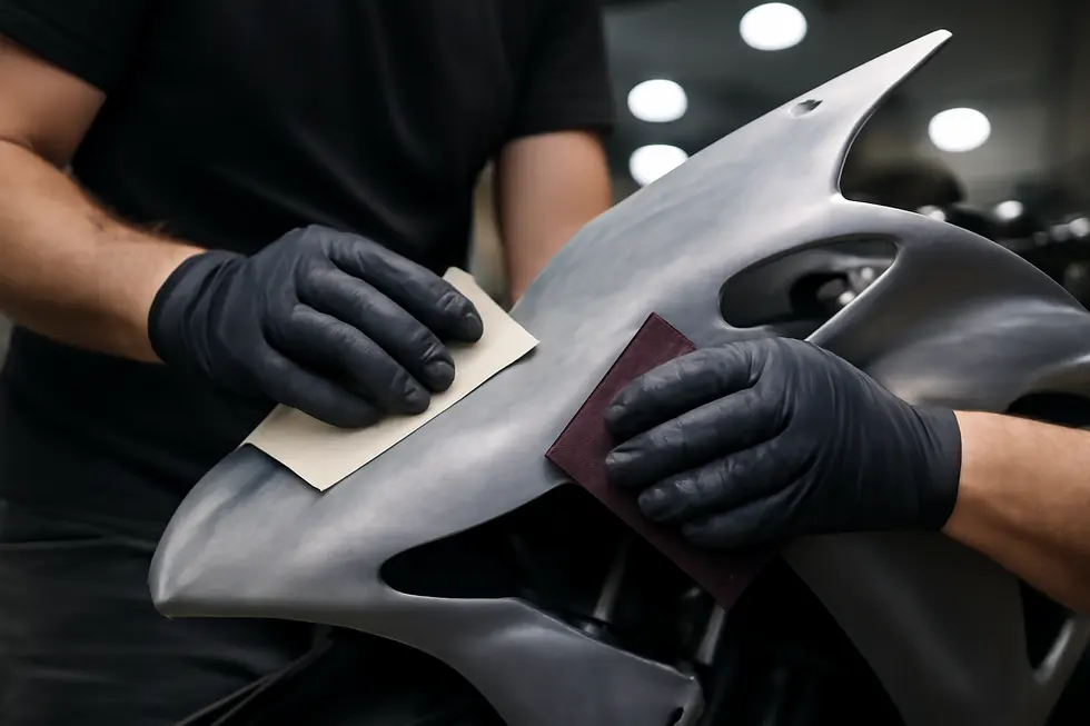 Thorough cleaning eliminates dirt and grease to guarantee paint adhesion on motorcycle fairings.