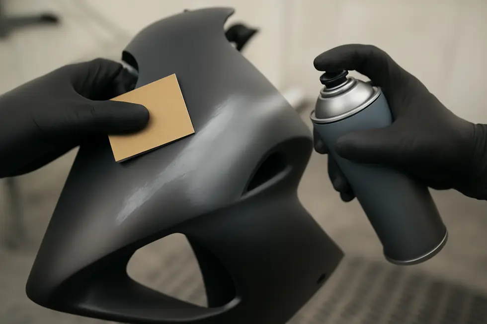Technician preparing a motorcycle fairing surface by thorough cleaning to ensure proper paint adhesion.