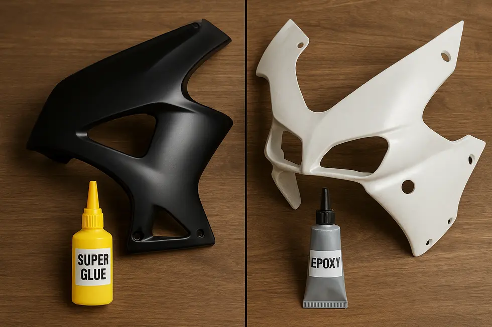 Different motorcycle fairing materials contrasted alongside epoxy adhesives suitable for each type.