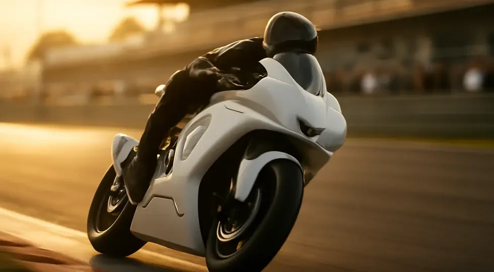 Sportbike equipped with Sharkskinz fairings showcasing advanced design under race conditions at sunrise.