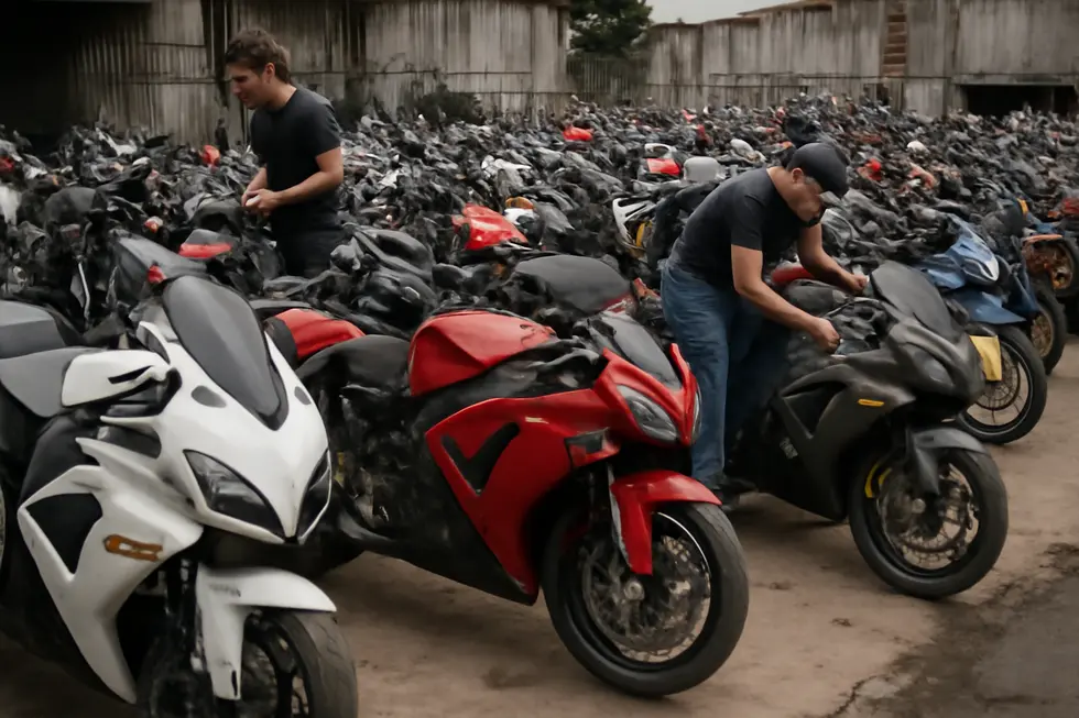 A salvage yard showcasing the sourcing of used motorcycle fairings from pre-owned and decommissioned bikes.