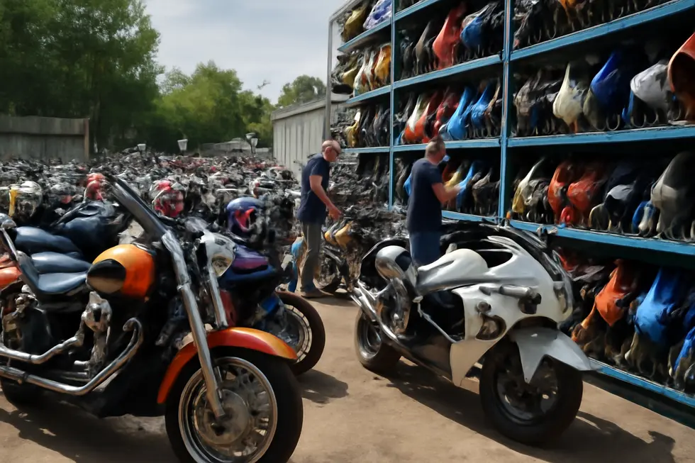 Salvage yard showcasing second hand motorcycle fairings ready for inspection and resale, emphasizing sourcing opportunities.