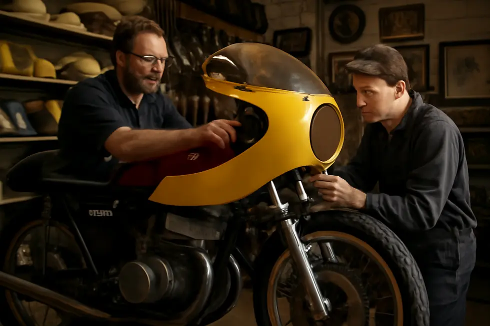 Technicians fitting authentic 1970s-style race fairings in a specialist UK workshop.