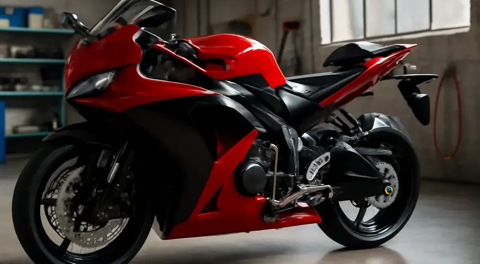 A freshly spray-painted motorcycle showcasing glossy, durable fairings in a professional environment.