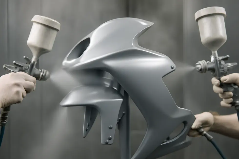 Thorough cleaning and sanding prepare motorcycle fairings for optimal paint adhesion and durability.