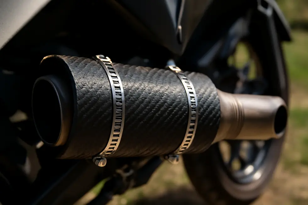 Aftermarket ABS fairing kit featuring integrated heat shields protecting plastic panels around the engine and exhaust.