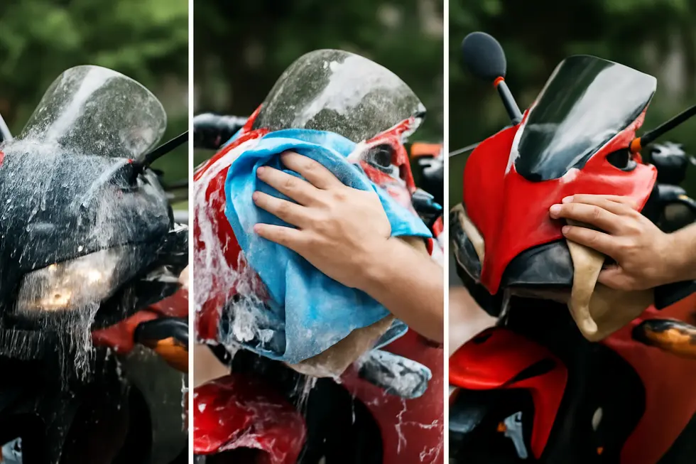 Essential cleaning materials arranged for safe and effective motorcycle fairing care.