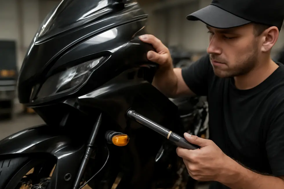 A motorcycle staged on a stable surface with old fairing parts removed and tools organized for the installation process.