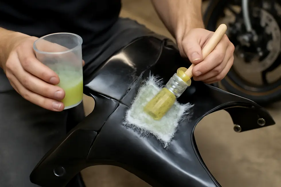 Technician preparing a motorcycle fairing surface by thorough cleaning to ensure proper paint adhesion.