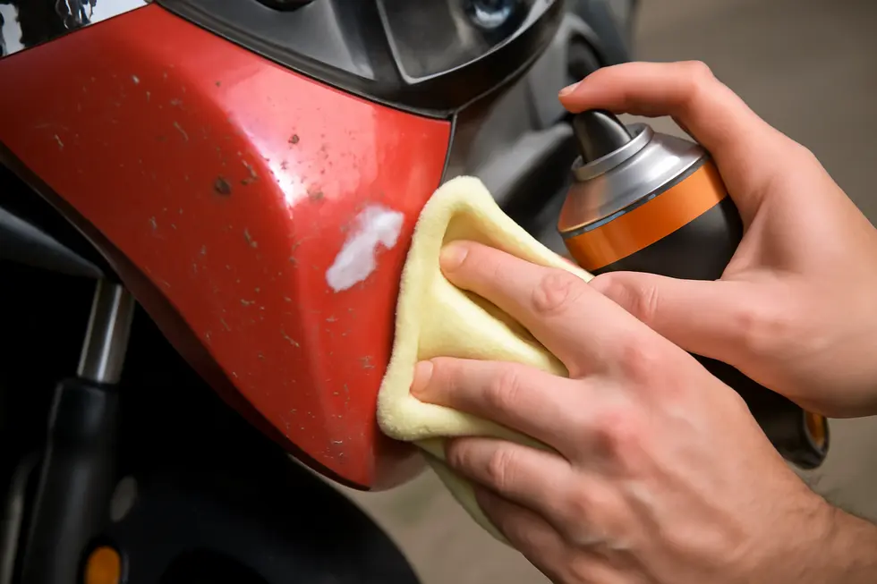 Essential cleaning materials arranged for safe and effective motorcycle fairing care.