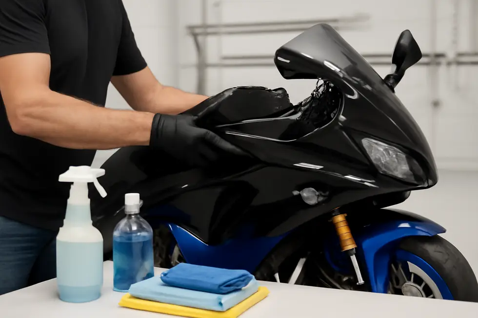 Removing and thoroughly cleaning the motorcycle fairing before wrapping ensures optimal adhesion and a professional finish.