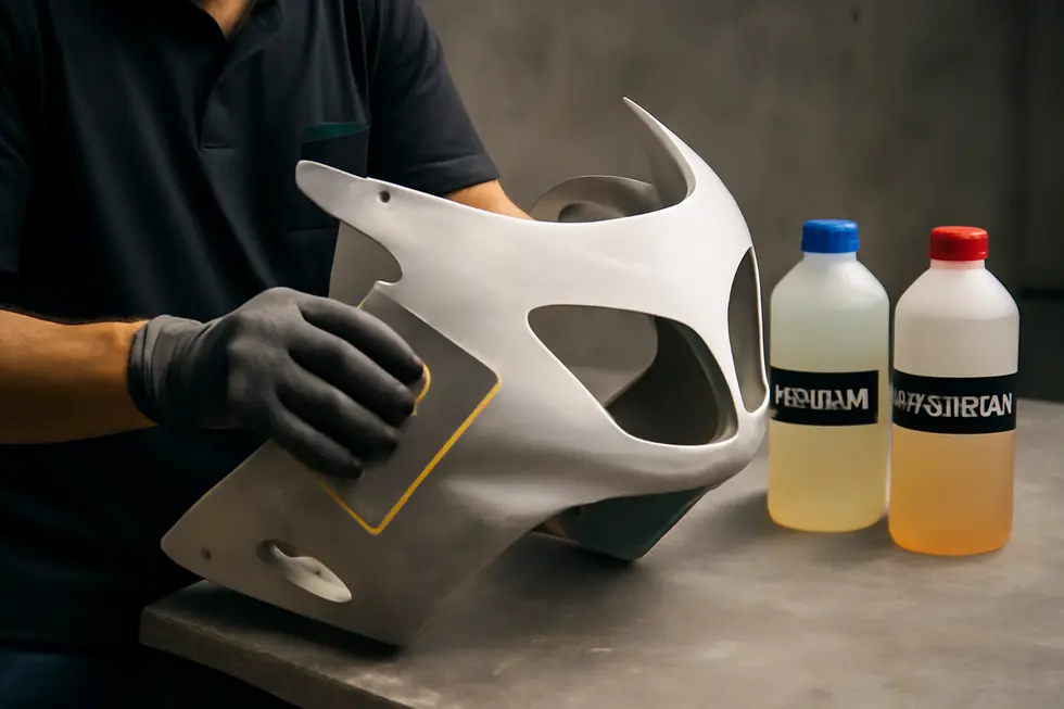 Mixing a two-part epoxy system for strong motorcycle fairing repairs in a professional garage setting.