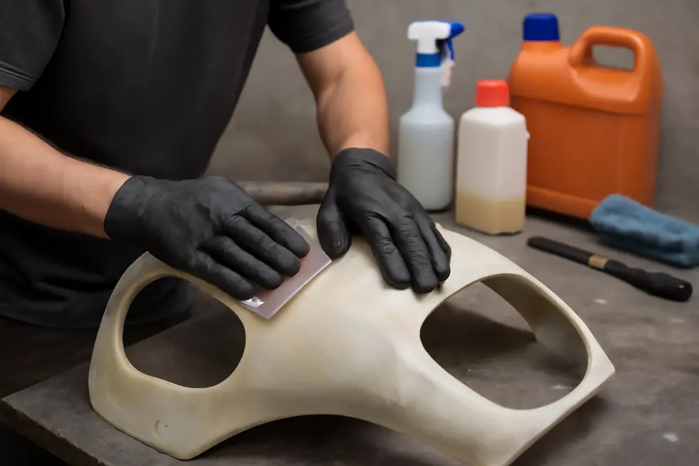 Thorough cleaning and sanding of the motorcycle fairing surface ensure optimal resin adhesion and durability.