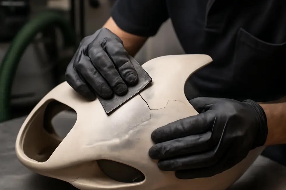 Properly cleaning and sanding the damaged fairing surface to ensure optimal resin adhesion.