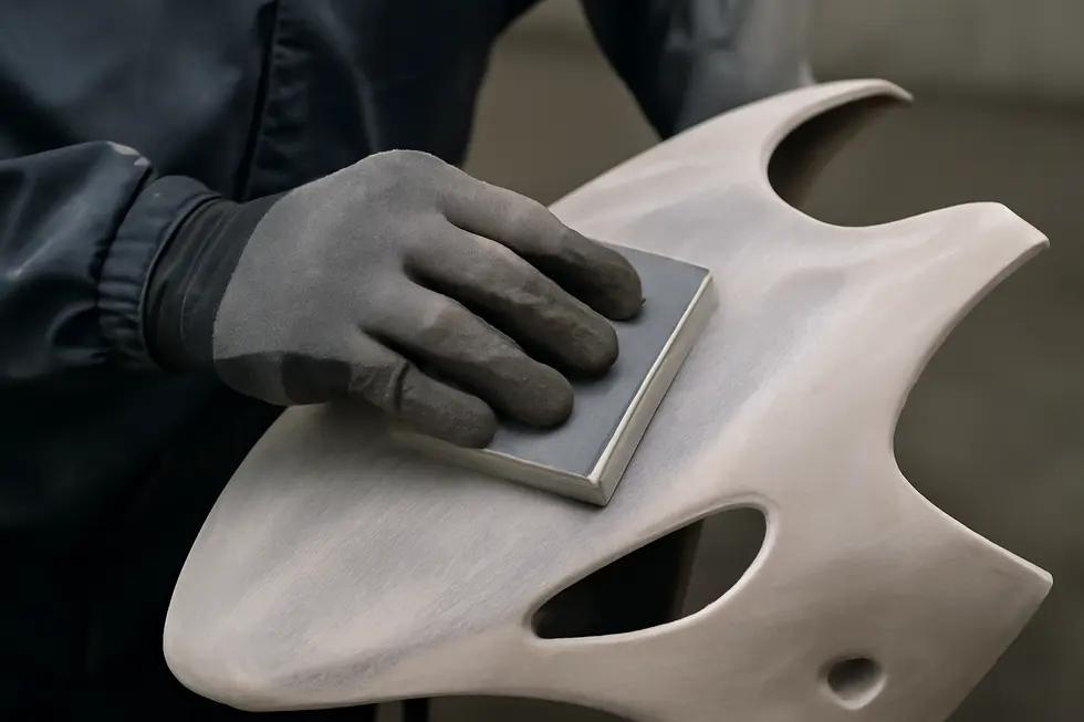 Applying plastic adhesion primer on ABS motorcycle fairing to enhance paint bonding and durability.