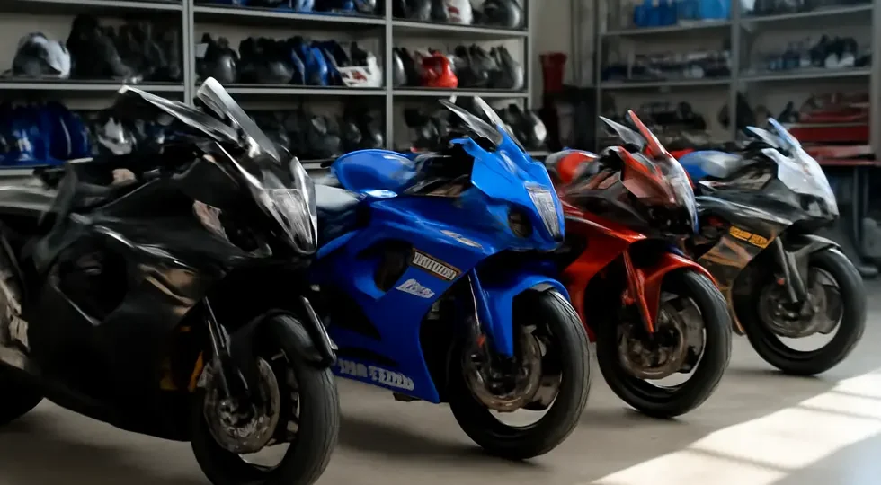 Showroom display of Suzuki sportbikes with a variety of aftermarket fairing kits demonstrating customization and fitment quality.