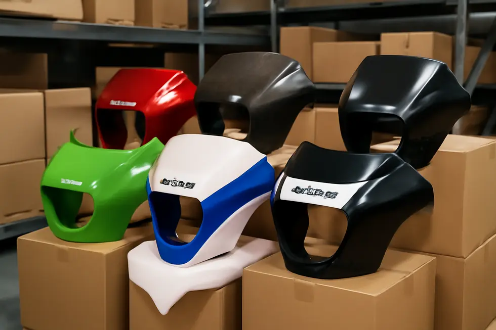 A motorcycle fairings showroom displaying a diverse range of styles and brands representing key market players.