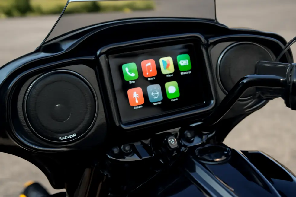 Close-up of a motorcycle fairing stereo system showcasing a waterproof touchscreen and integrated speakers illustrating modern technology.