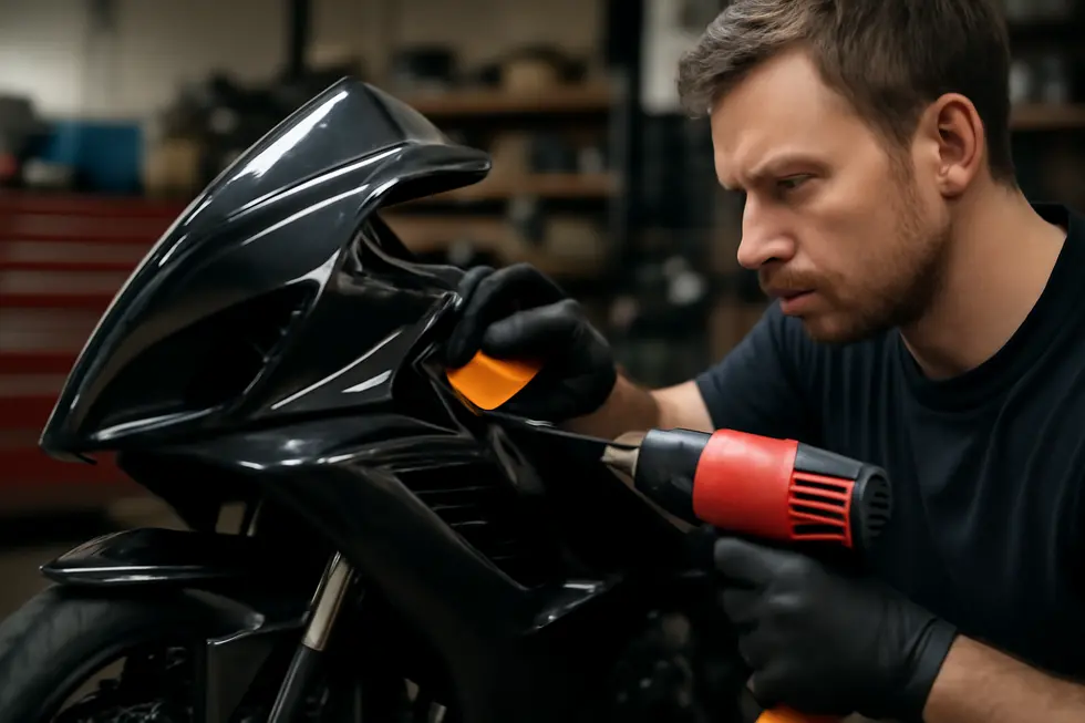 Careful preparation and use of knifeless tape ensure a flawless vinyl wrap application on motorcycle fairings.