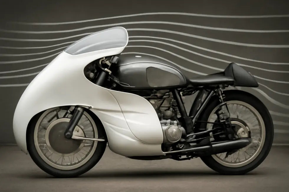 Vintage dustbin fairing highlighting its large, rounded aerodynamic shape designed to reduce air resistance.