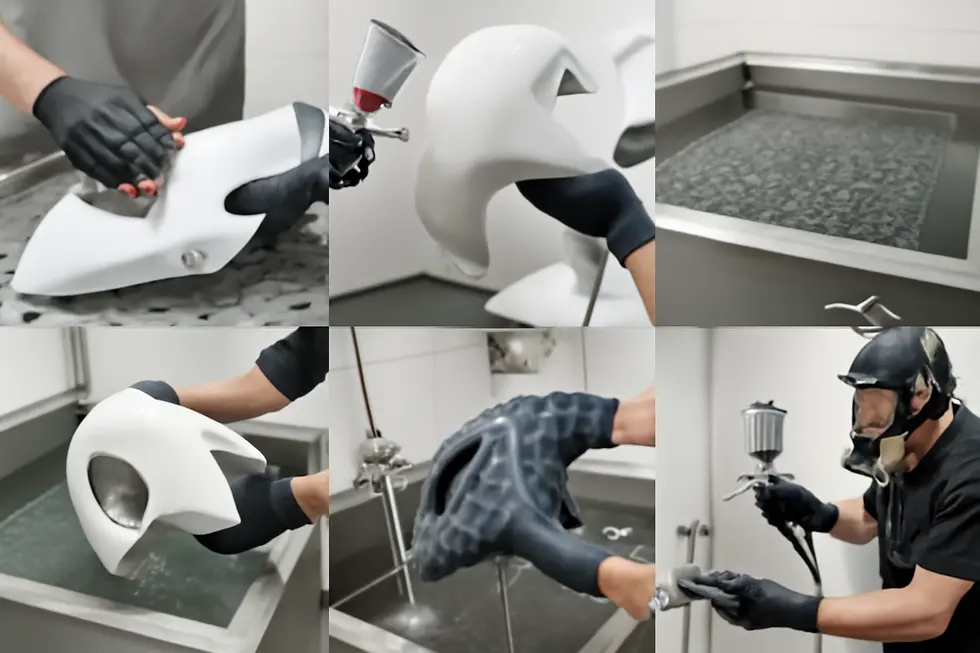 A technician carefully dipping a motorcycle fairing into a water tank to apply a detailed hydrographic pattern, demonstrating the customization process.