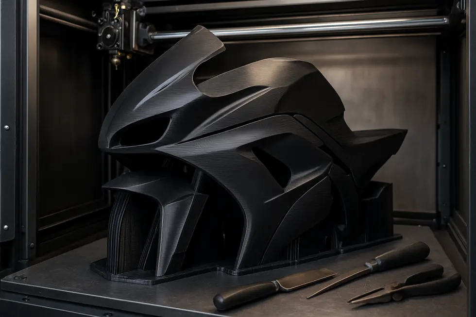 Diverse 3D printed motorcycle fairings made from ABS, PLA, and carbon fiber composites demonstrating design versatility and material options.