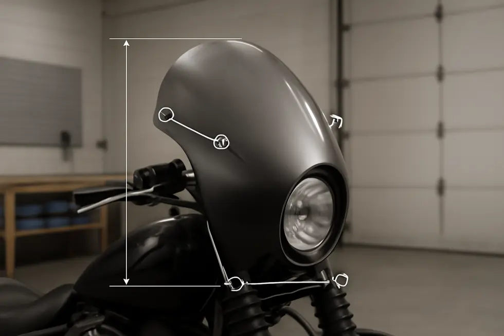 Aerodynamic contours of a classic bullet fairing optimized for wind deflection on a cruiser motorcycle.