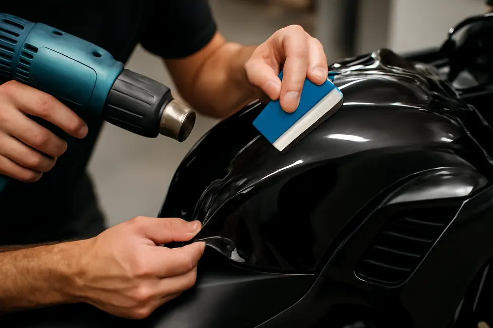 Technician removing motorcycle fairings in preparation for a vinyl wrap application, showcasing the careful, precise process.