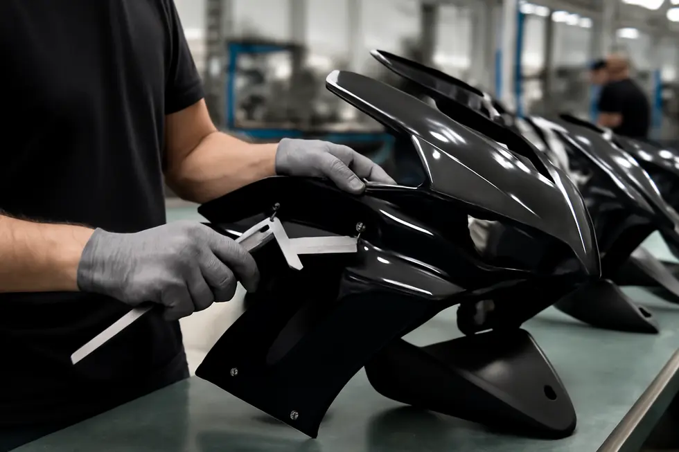 Kings Motorcycle Fairings warehouse displaying extensive OEM fitment fairing kits for multiple motorcycle brands.