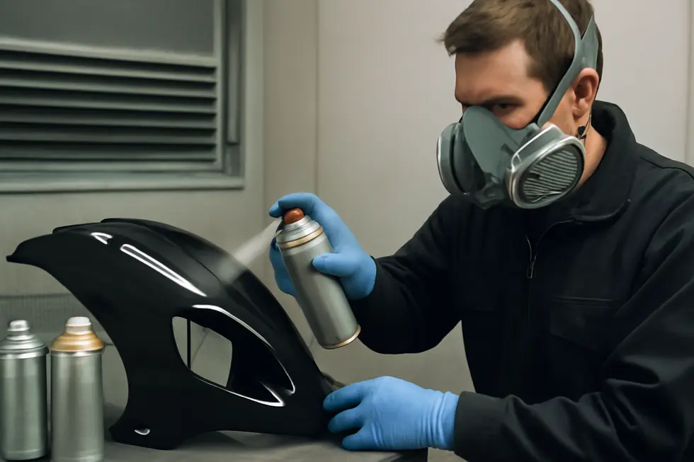 Technician sanding and preparing a motorcycle fairing surface to ensure optimal paint adhesion.