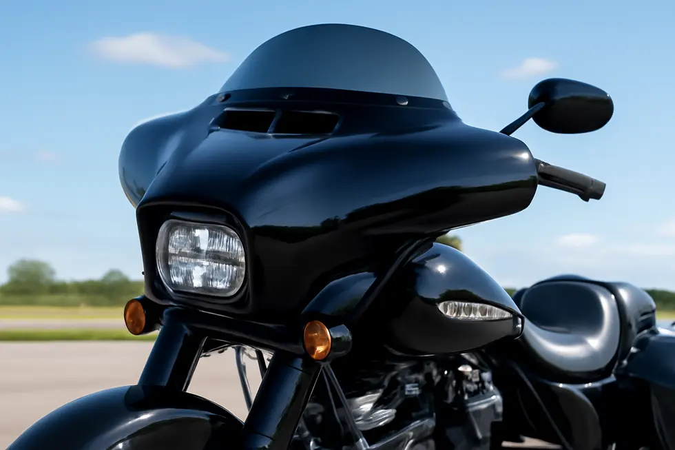 Detailed view of a batwing fairing highlighting aerodynamic design and modern light integration.